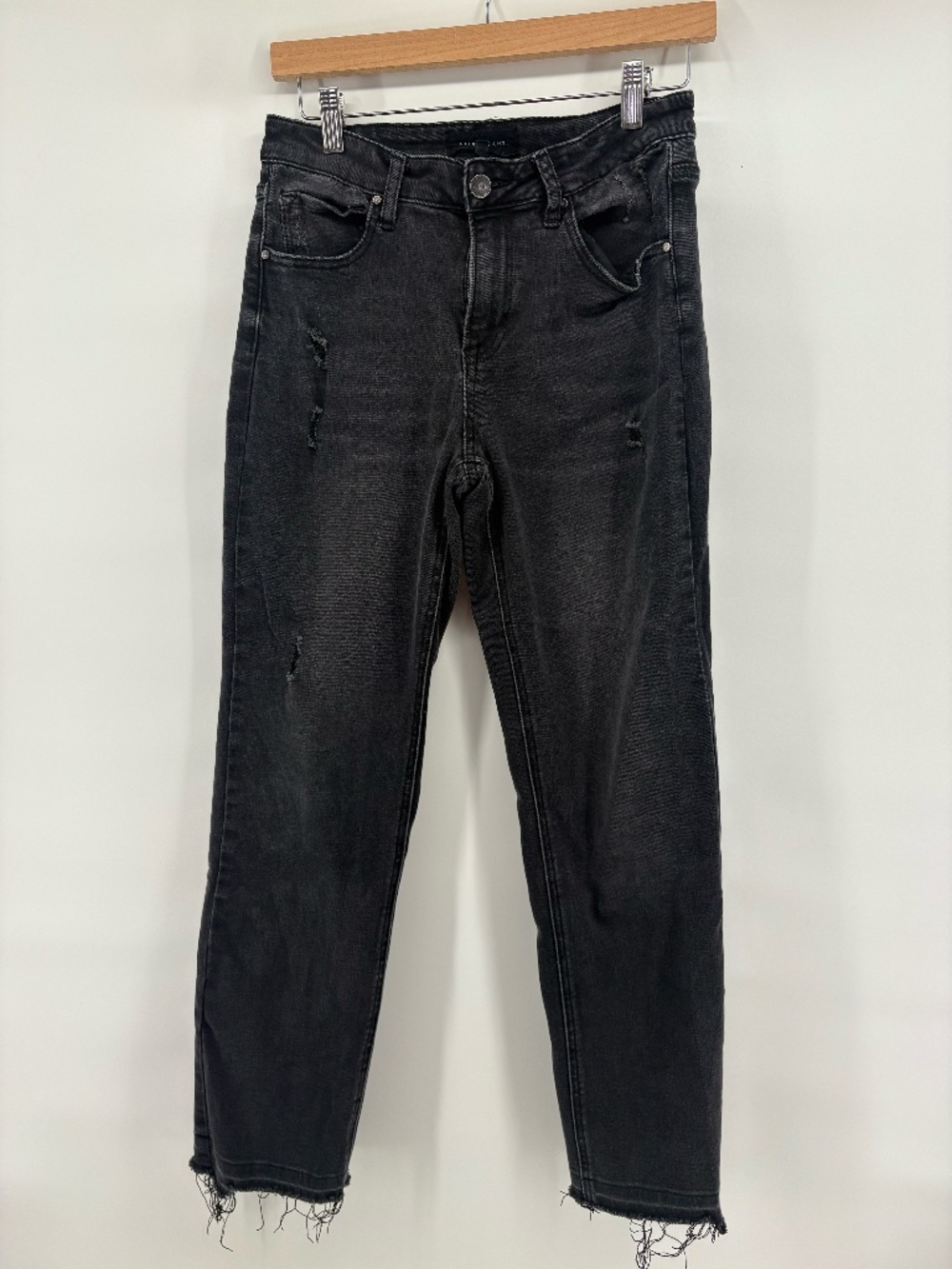 RISEN distressed raw hem black washed high rise straight leg jeans size 7/28